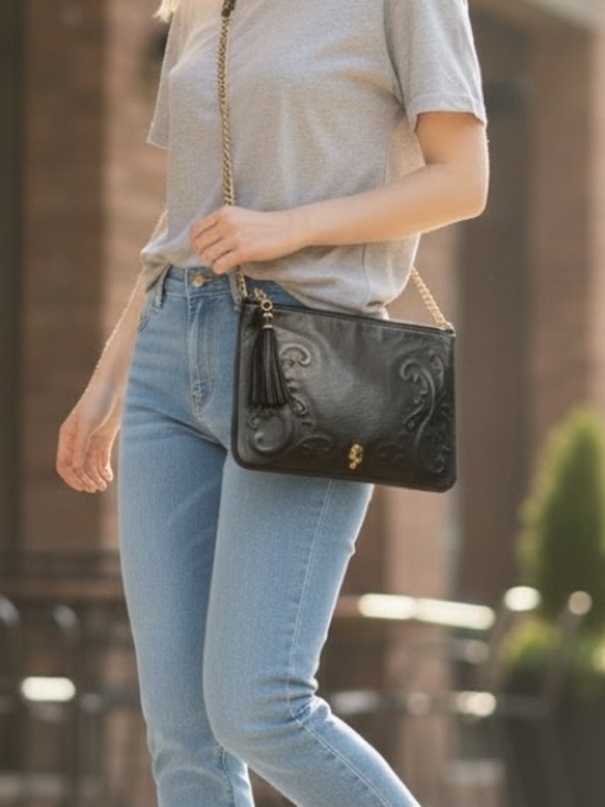 Juicy Couture Handbags - Juicy Couture Black Leather Embossed Crossbody Bag Chain Strap Tassel Y2K